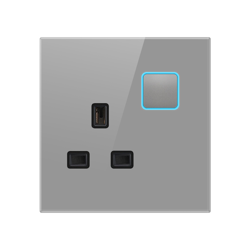 Tempered Glass Socket-A-2 UK Socket With Switch With Indicator Light-Grey